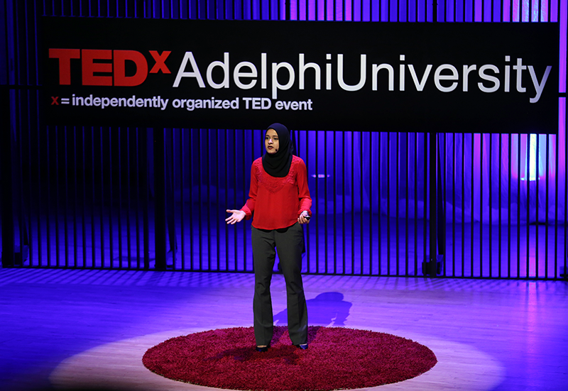 TEDxAdelphiUniversity speaker Aliha Nasrullah ’18.