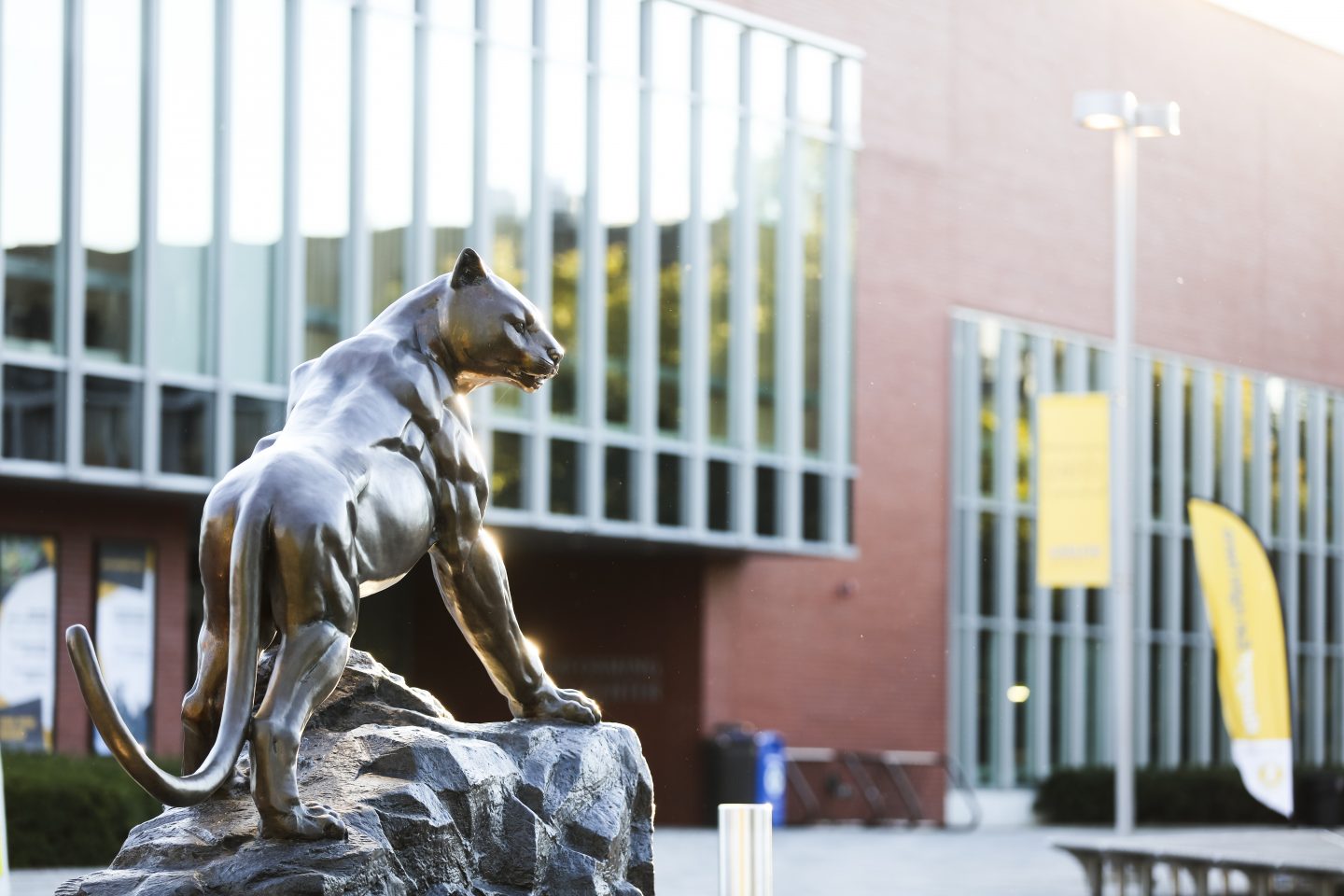 The bronze statue of Adelphi' Panther mascot in front of the Center for Recreation and Sports