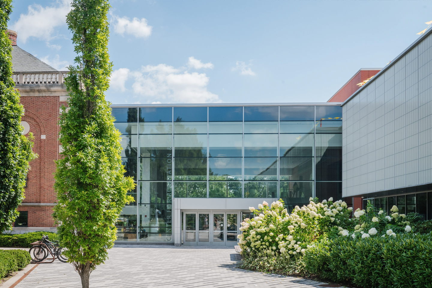 A view from the sidewalk in front of the two buildings, with hydrangeas in bloom at right.