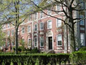 The beautiful red brick building, seen on a sparkling spring day.