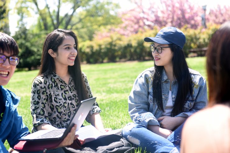 Adelphi international students studying on the lawn together.