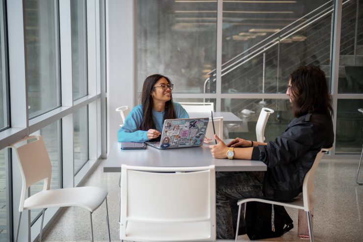 Two Adelphi students working on laptops in the UC at Adelphi University