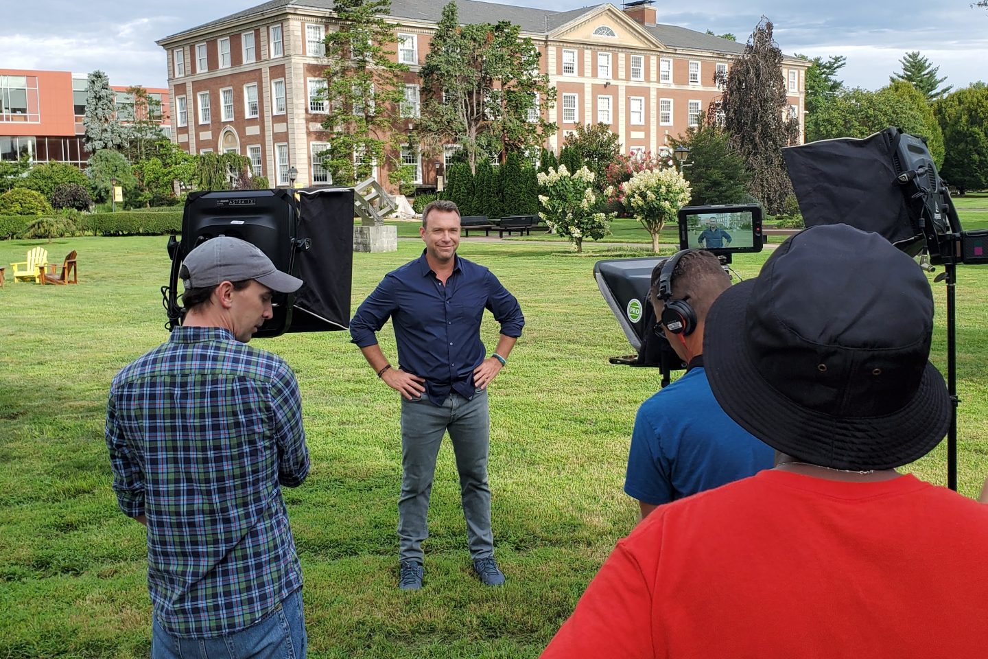 Alex Boylan, host of the Amazon Prime show The College Tour filming at Adelphi University.