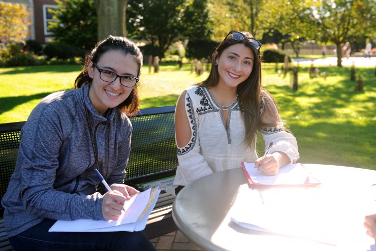 Students studying outside on a warm summer day at Adelphi's campus