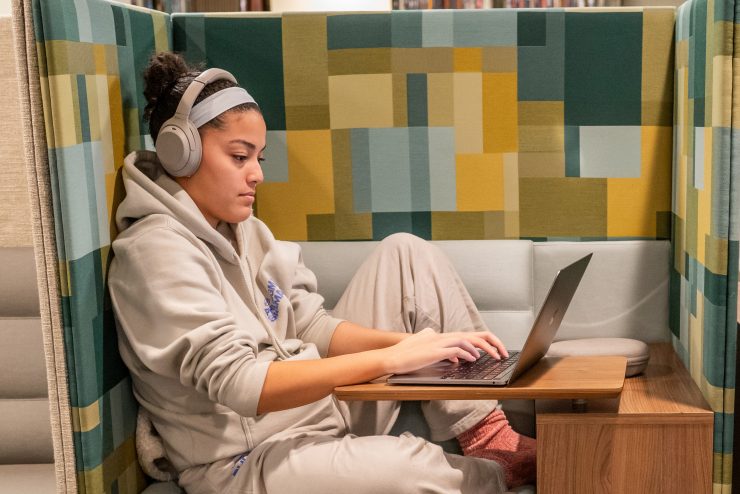 An Adelphi University student studying on her laptop in the library.