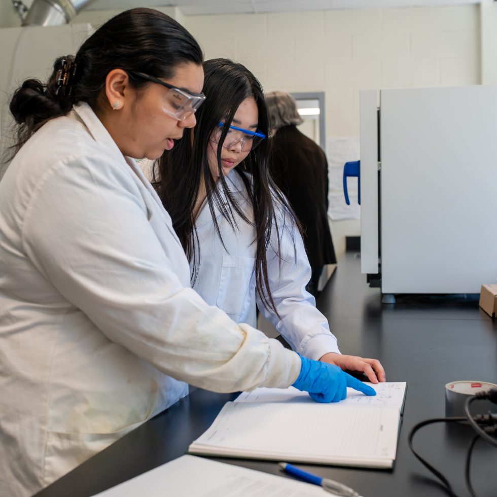 Biochemistry lab at Adelphi University - Professor working closely with students.