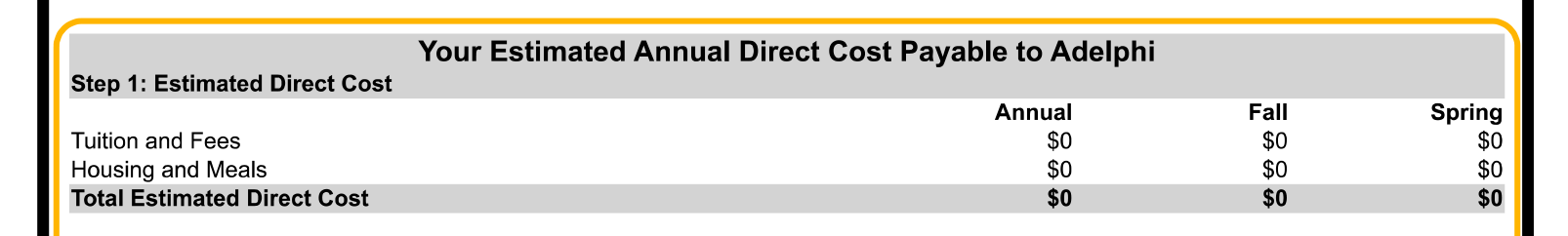 Step 1: estimated Direct Cost section of the College Financing Plan