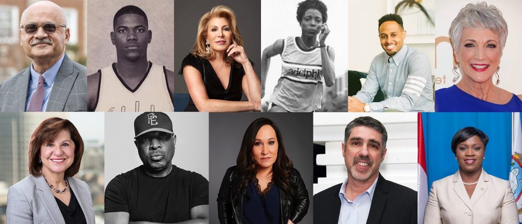 A collage of Adelphi notable alumni headshots.