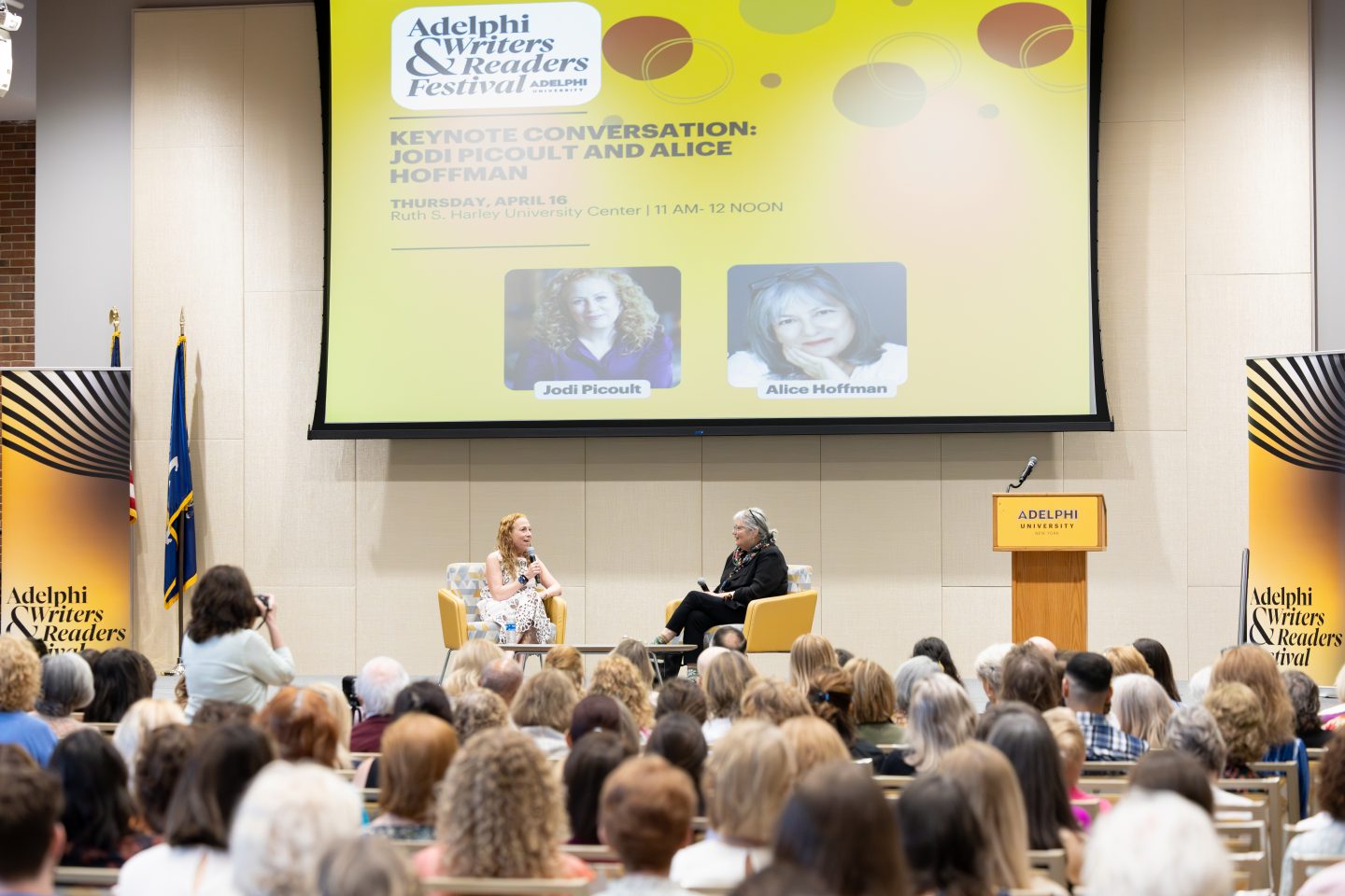 Bestselling authors Jodi Picoult (left) and Alice Hoffman ’73, ’02 (Hon.), headlined the festival’s first full day of events in a keynote conversation about writing, reading and the power of storytelling in a time of book bans.