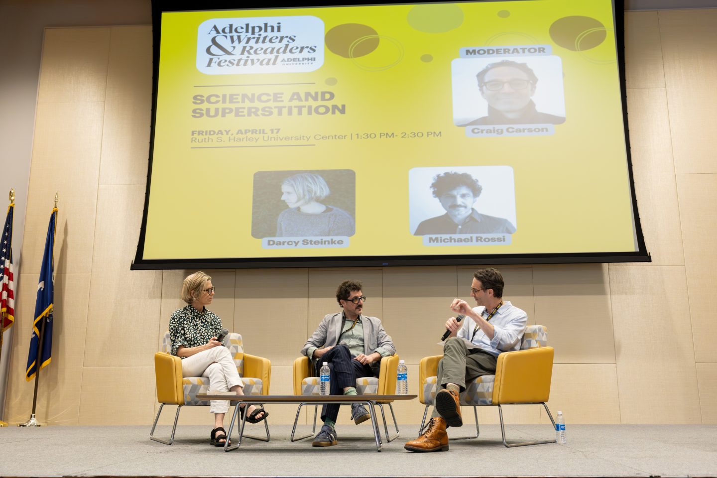 Novelist and memoirist Darcey Steinke and science writer Michael Rossi, PhD, talked about their new books, which explore the impact of fake science and superstition. Craig Carson, PhD (right), associate dean of Adelphi’s Honors College, moderated the conversation.