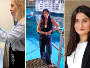 A three-panel side-by-side image of women in biology-related settings. Left: a woman in a blue lab coat and blue gloves works at a lab counter with a sterile pad and supplies. Center: a woman in dark overalls stands on a metal platform beside a brightly lit blue pool or tank. Right: a close-up portrait of a woman with long dark hair, wearing a black blazer over a white top, in front of a brick wall.