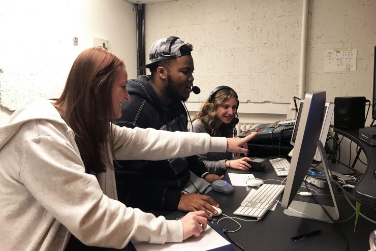 Communication students in control room at Adelphi