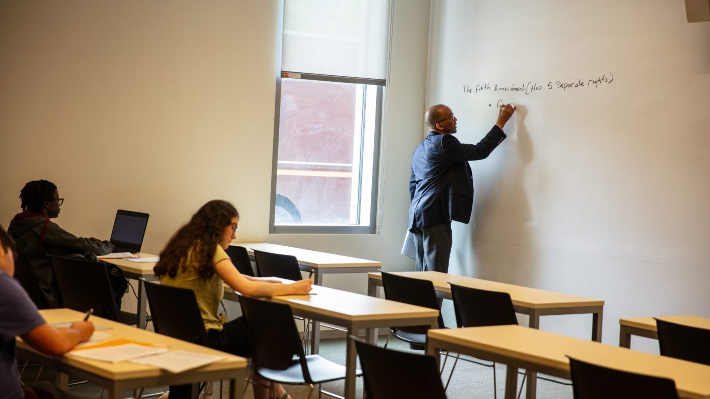 Gary Greaves leads a summer pre-college course on law and the Bill of Rights at Adelphi University’s Garden City campus.