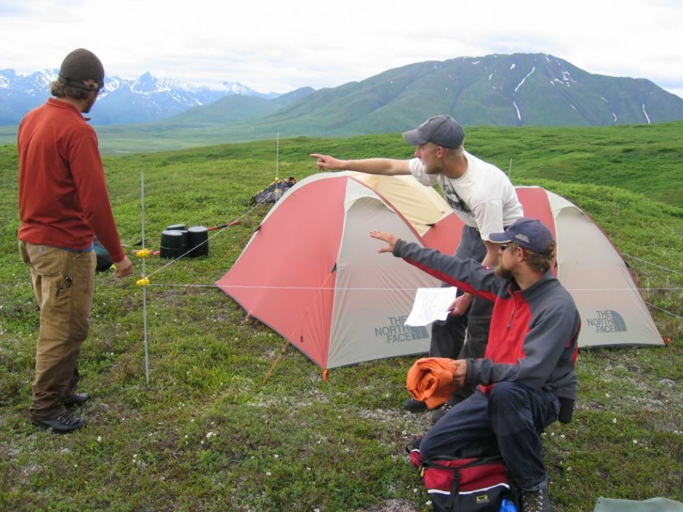 Professor Wygal discussing potential survey routes with field crew supervisors in Denali National Park and Preserve, Alaska.