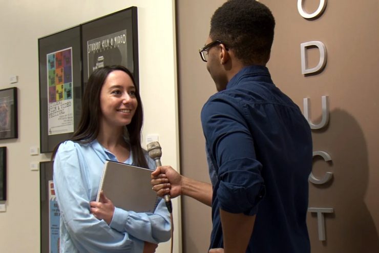 A communications student interviewing. Video from Adelphi TV Production class.