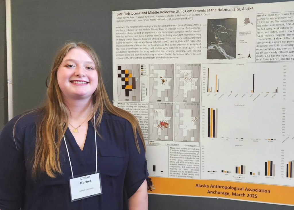 Lillian Barber ’25 presenting her research poster “Late Pleistocene and Middle Holocene Lithic Components at the Holzman Site, Alaska” at the 2025 Alaska Anthropological Association Annual Meeting in Anchorage, Alaska.