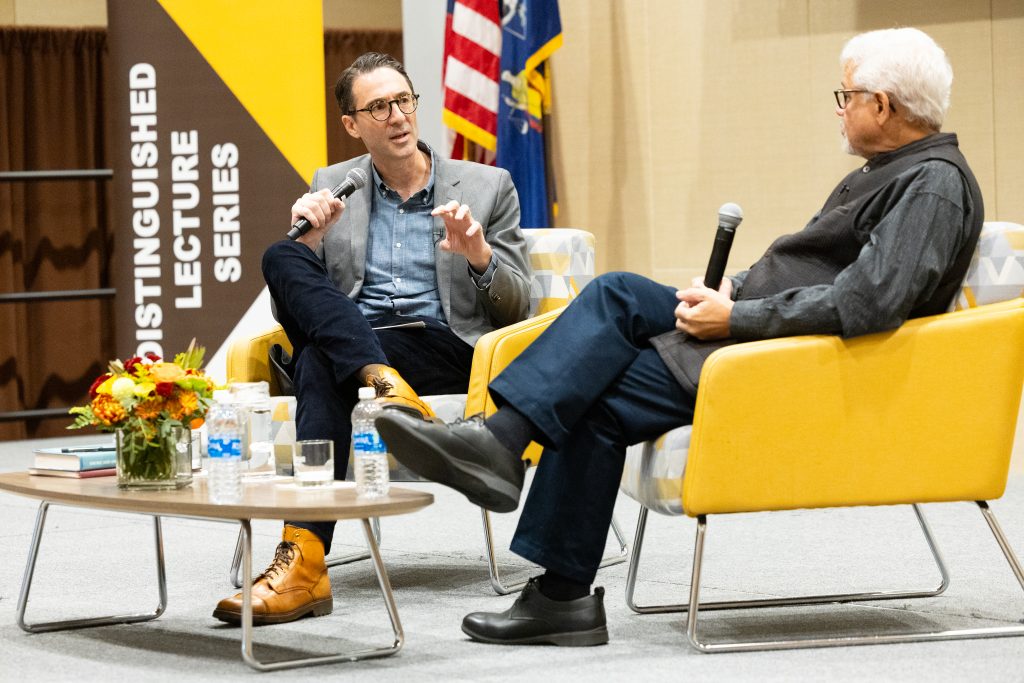 Amitav Ghosh speaking at Adelphi University in 2024