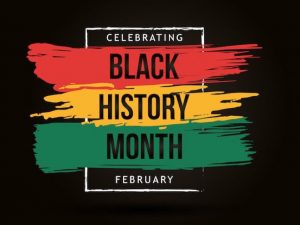 Celebrating Black History Month in February - Artwork showing red, gold and green brush strokes on a black background.