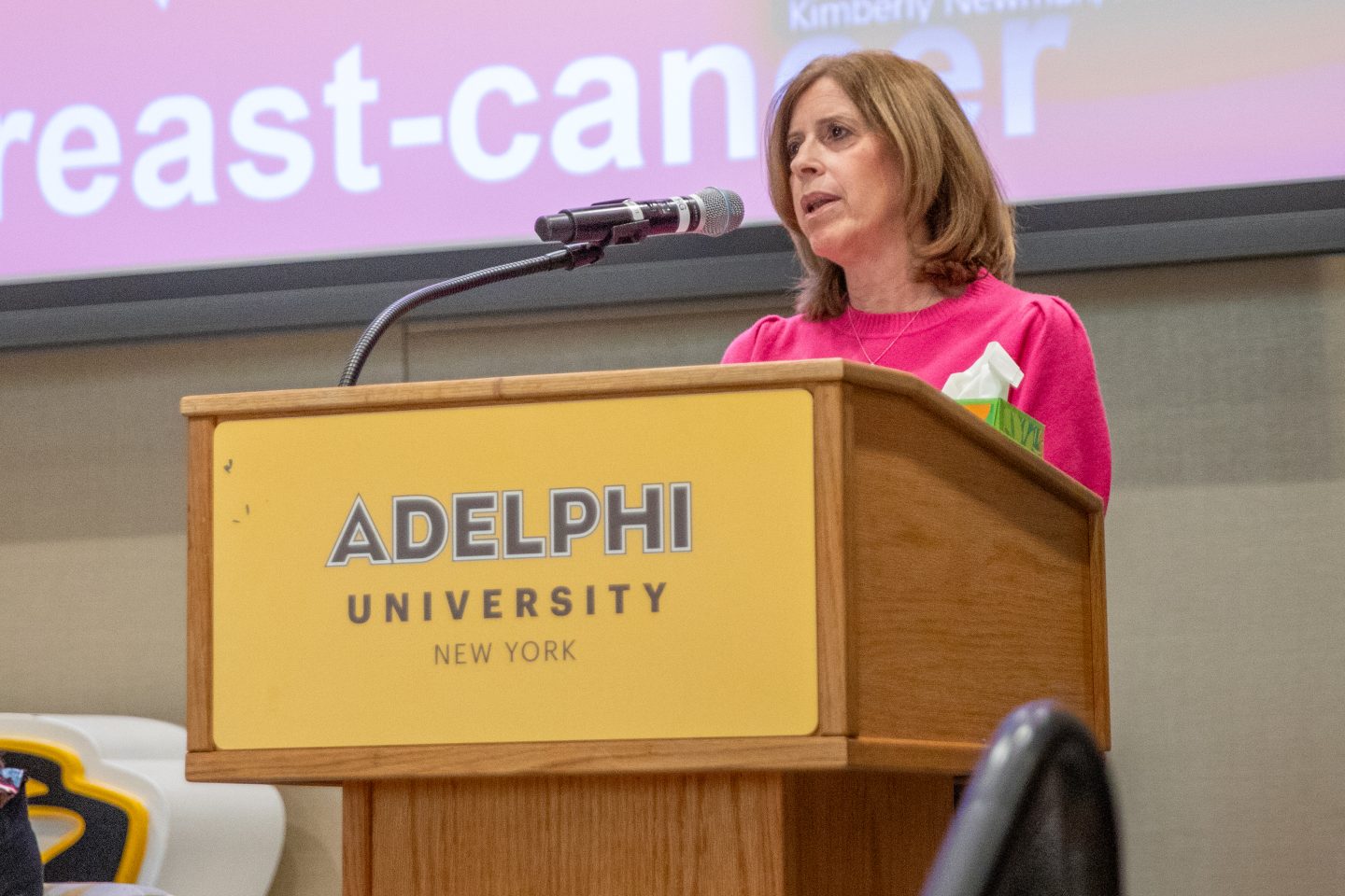Women in pink speaking at a podium