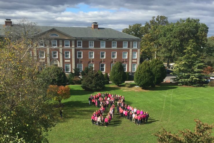 Adelphi University students and faculty gather in the campus lawn in front of Levermore Hall to resemble likeness of a pink ribbon.