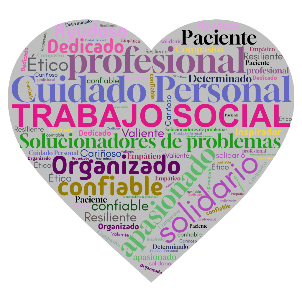 A word cloud inside the shape of a heart with inspiring to describe the social work and breast cancer support.