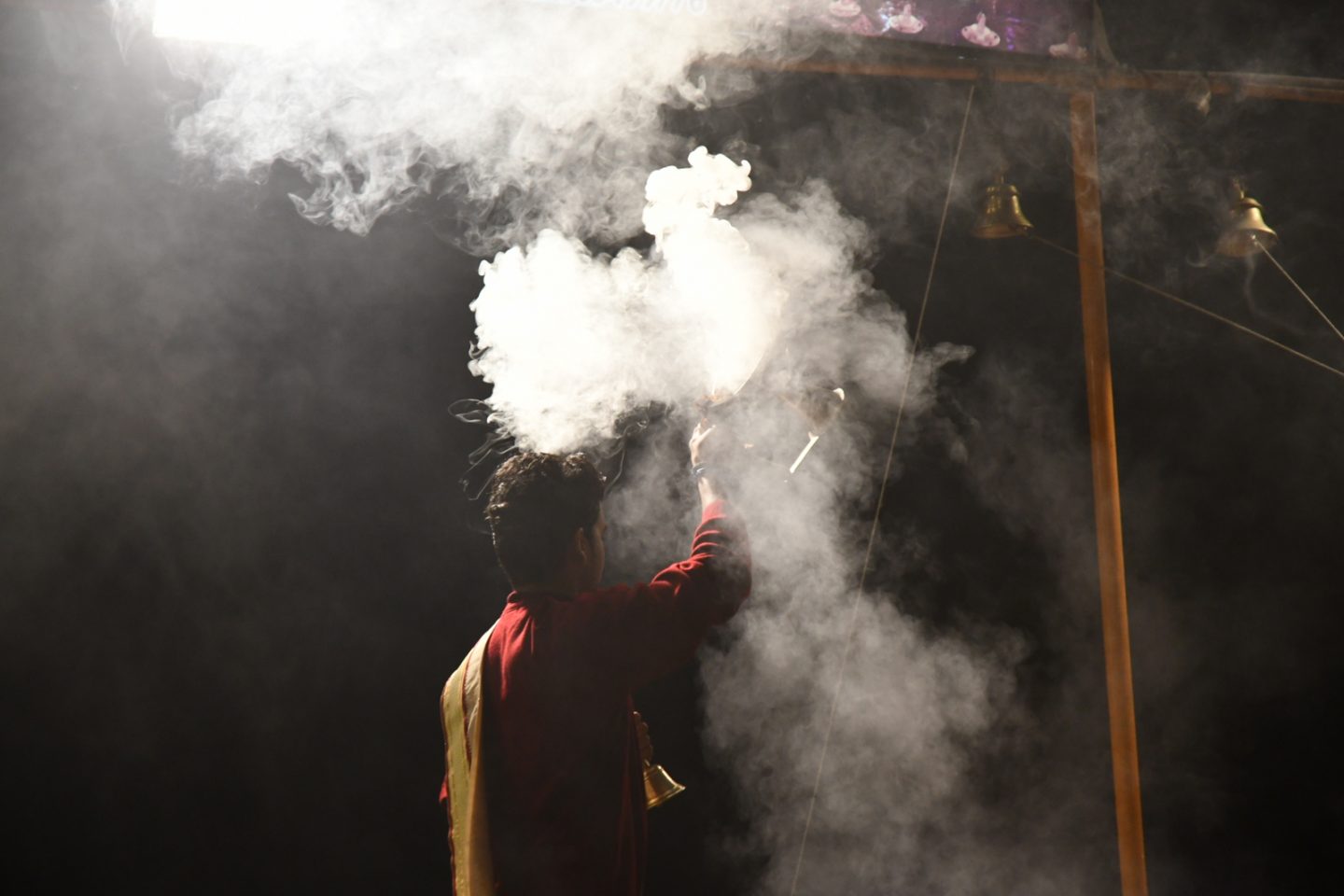 Ganga Aarti ceremony with smoke and fire in the holy city of Varanasi