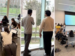 A collage of three photos showcasing students engaged in collaborative academic activities in a modern university setting.