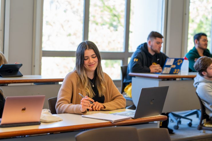 An Adelphi business student working during Dr. Zang's class