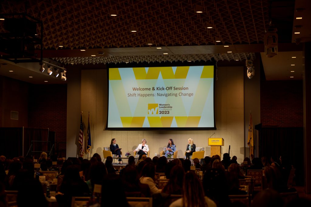 Conference co-chairs, and panelists Lois Schlissel, JD, Humera Qazi ’93 MBA, and LeeAnn Black ’83 share their insights on adapting to change during the “Shift Happens” panel at the Women’s Leadership Conference.
