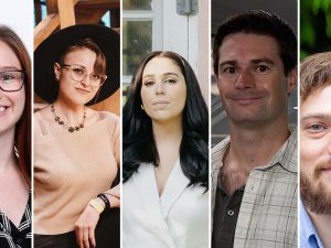 A collage of Adelphi communications alumni headshots.