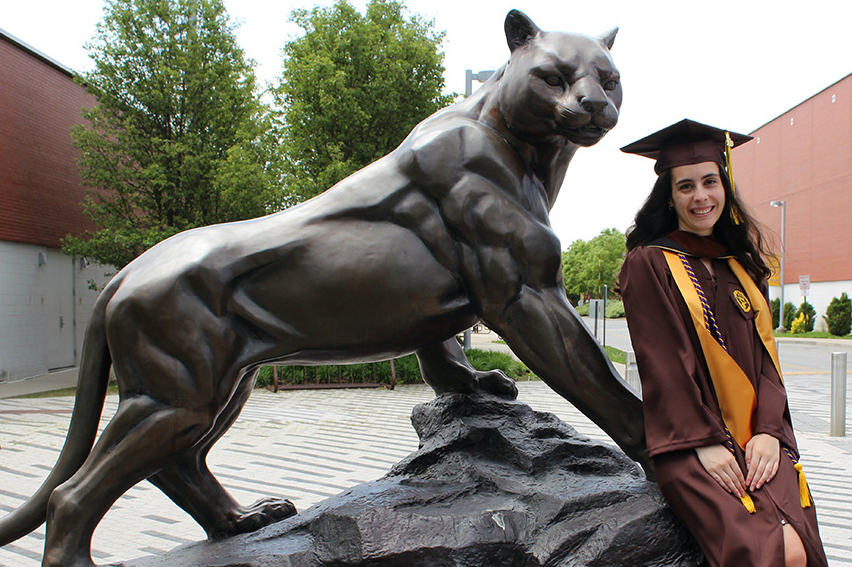 Adelphi panther statue graduation shoot