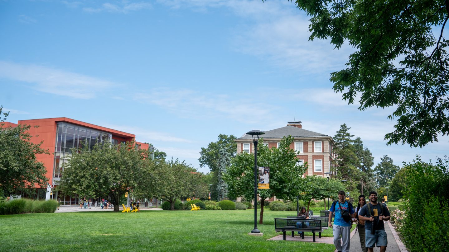 First day of classes: photo of Levermore Hall and Nexus at Adelphi University
