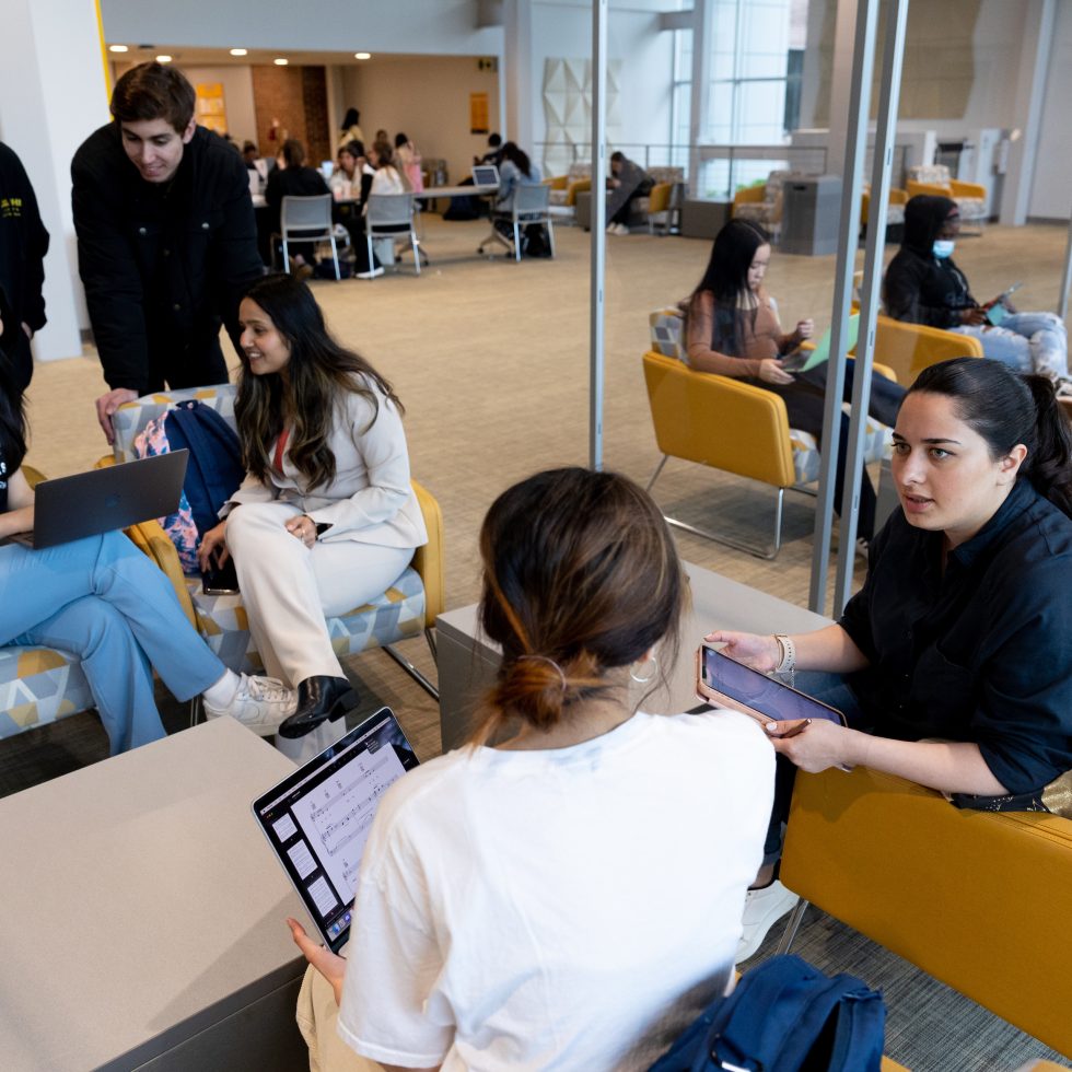 Adelphi University students in the Nexus Lobby