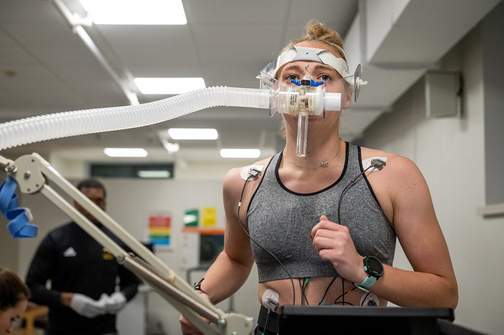 Upclose of a runner using the front max test in the Adelphi Human Testing Lab - Maximal Oxygen Consumption Tests including Efficiency Trials