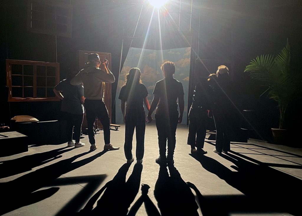 A stage light shines down on students on Adelphi's PAC stage.