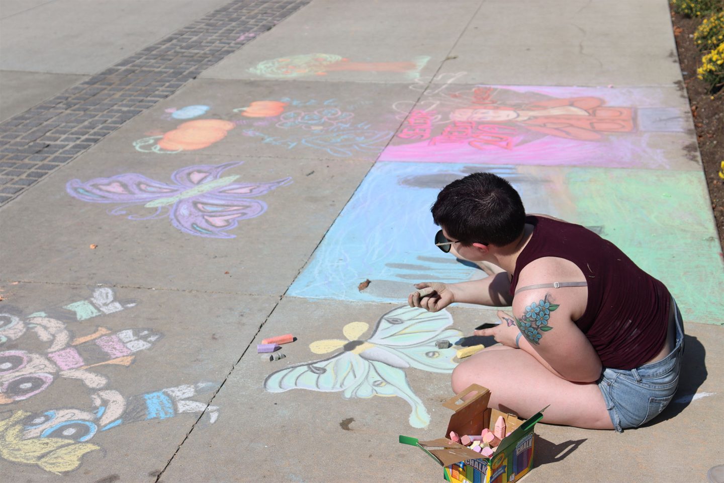 Adelphi student draws butterflies on the sidewalk during Fall Arts Festival.