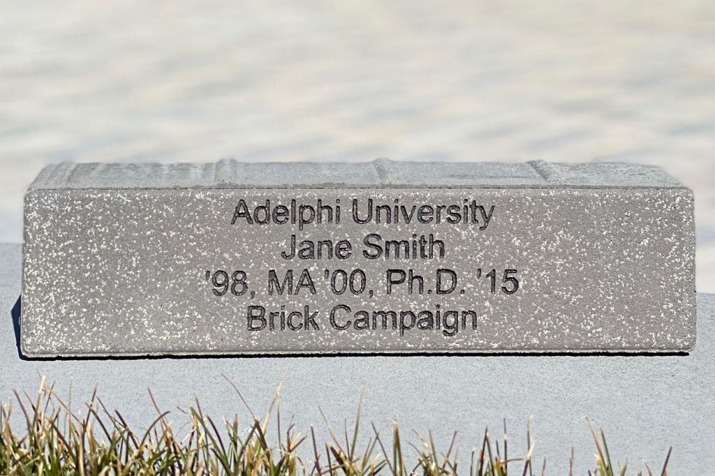 Adelphi Brick Fundraiser: Shows an example of the engraved brick