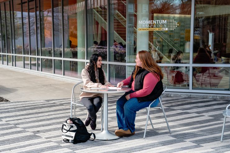 Two students talking at a table with Momentum Campaign logo on the window behind.