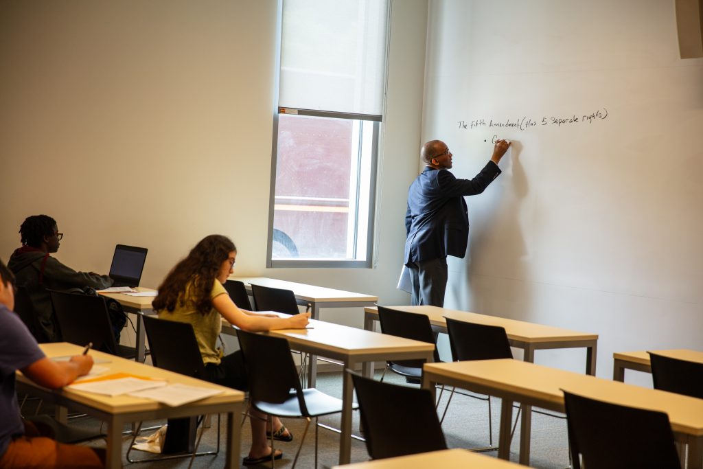 Professor Gary Greaves discusses the Bill of Rights with pre-college students during Adelphi University’s summer political science course.