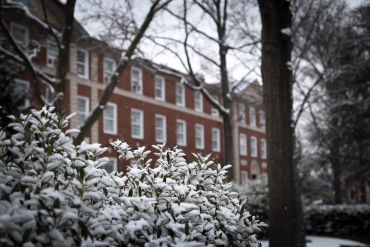 Adelphi University campus in the snow.