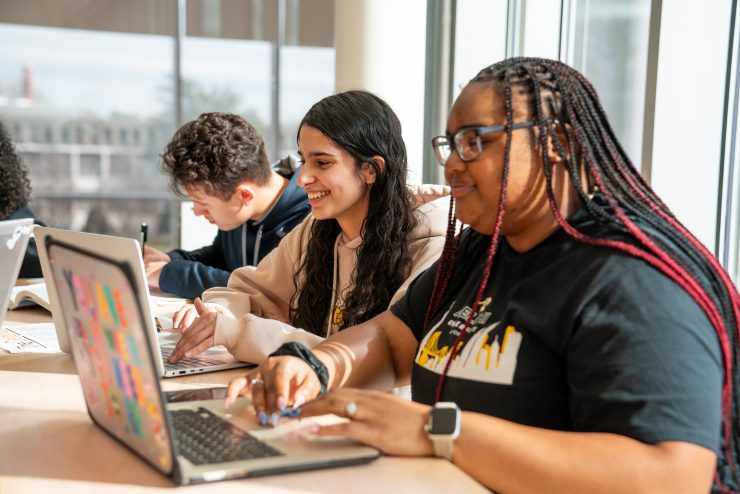 Adelphi students studying in the Nexus building.