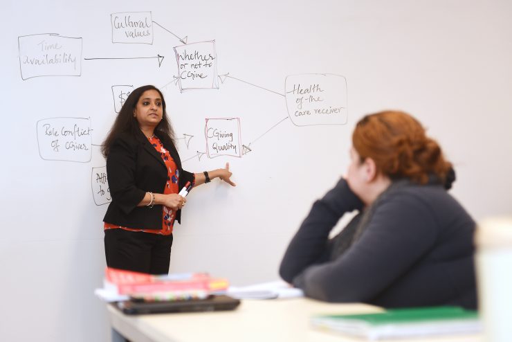 Inside a Social Work classroom at Adelphi. A professor in front of a whiteboard while lecturing.