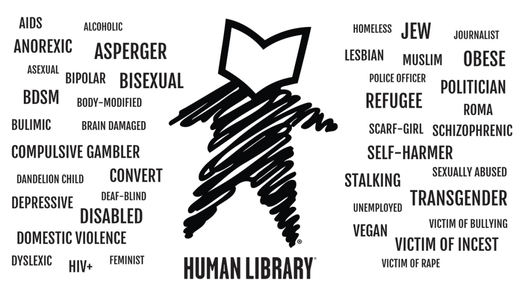 Human Library logo with descriptive words for diverse people. Labels we give one another