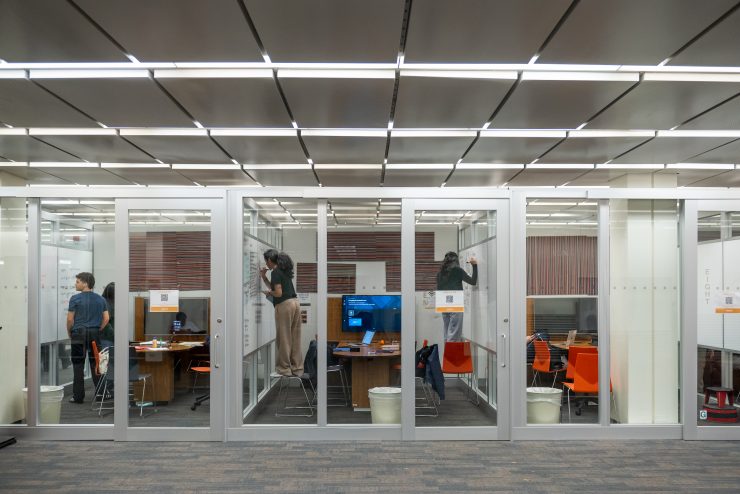 Collaboration studios in Swirbul Library have whiteboards and technology for group study