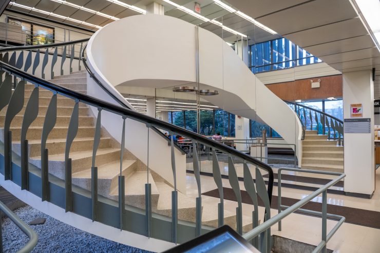 The staircase in Swirbul Library at Adelphi University's campus.