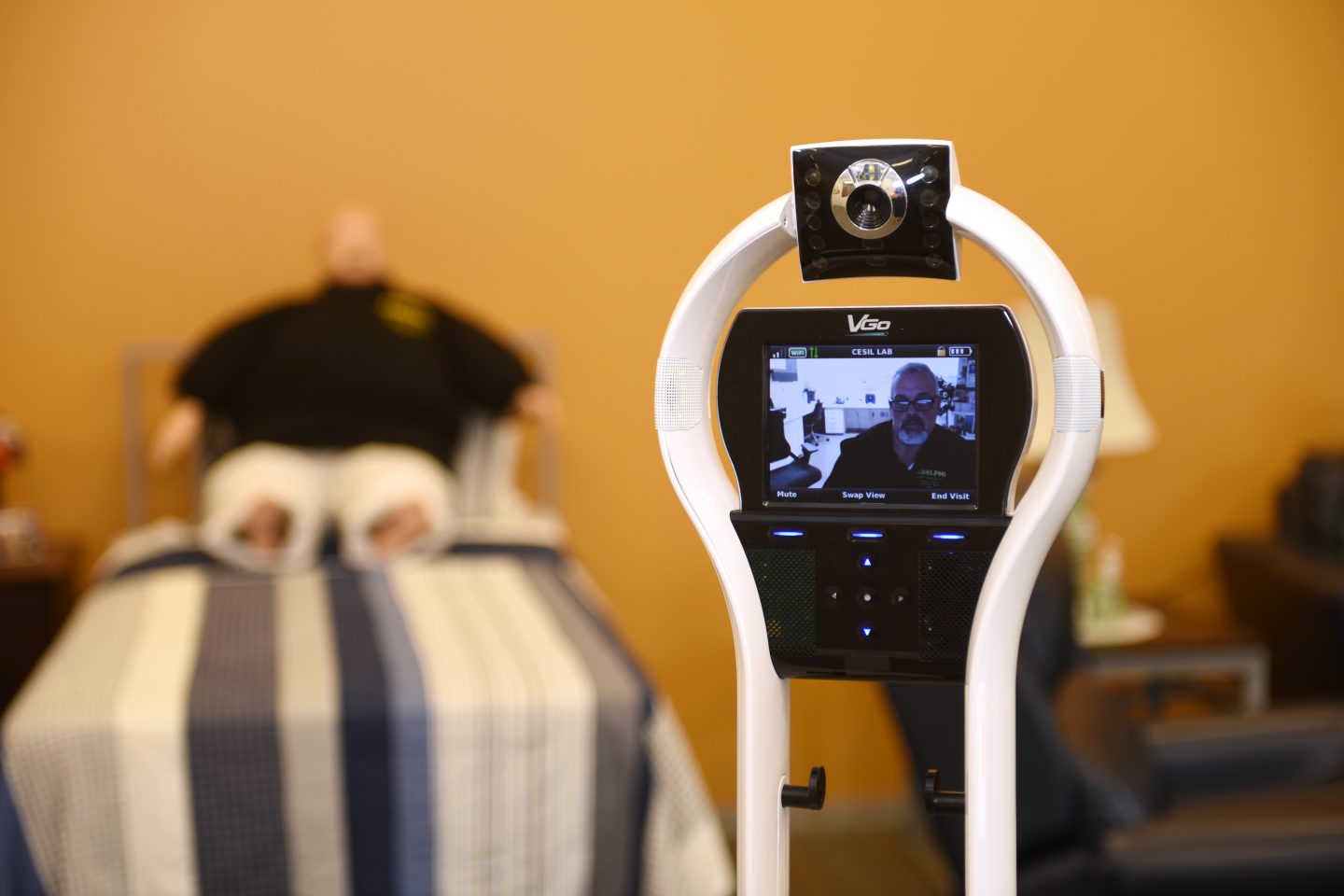 Telepresence robots like this one are used for remote monitoring in CESiL’s home-care suite as well as in the growing home healthcare field. They enhance both nursing and healthcare informatics students’ educational experience.