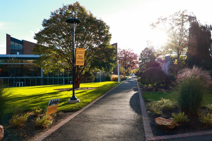 Adelphi campus in the fall with sunshine peaking through the trees