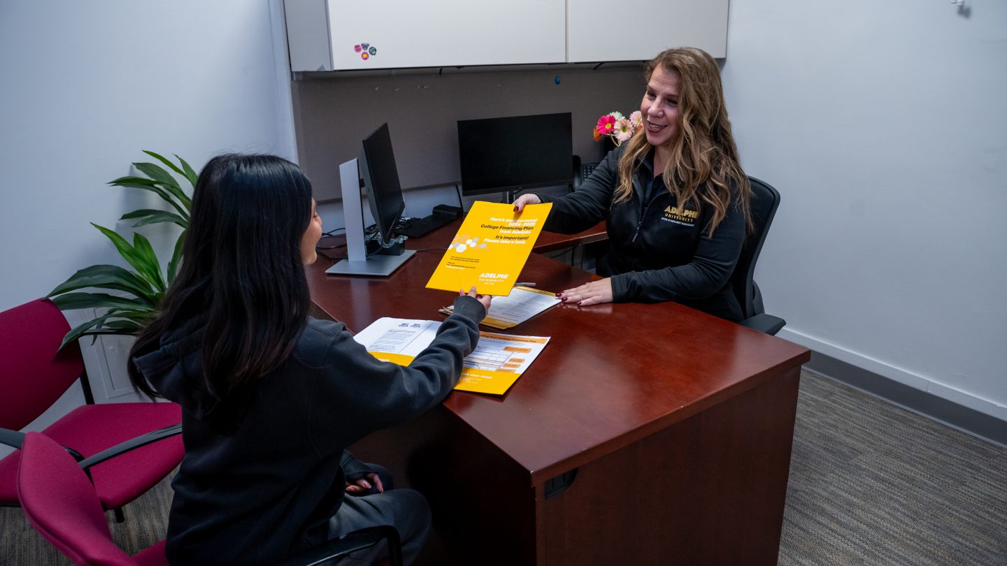 One on one student consultation at the Adelphi One-Stop Student Services Center.