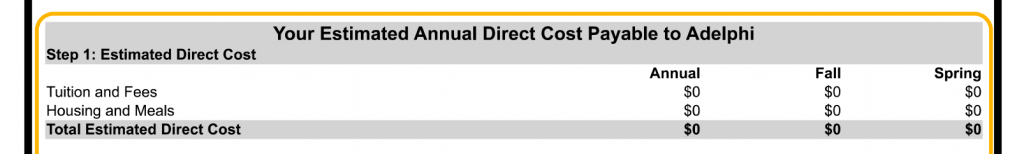 Step 1: Estimated Direct Cost section of the College Financing Plan