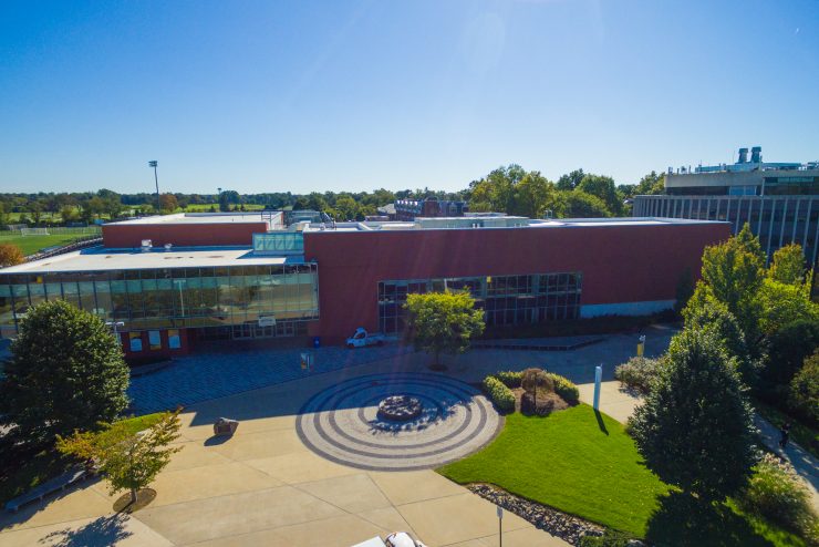 An arial view of the PAC on Adelphi University Garden City campus